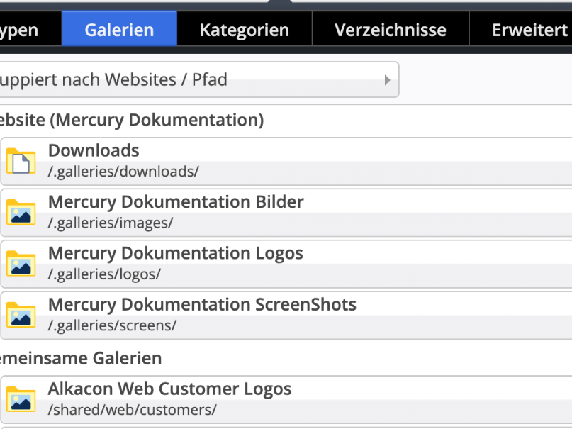 Gruppierung von Galerien nach Website