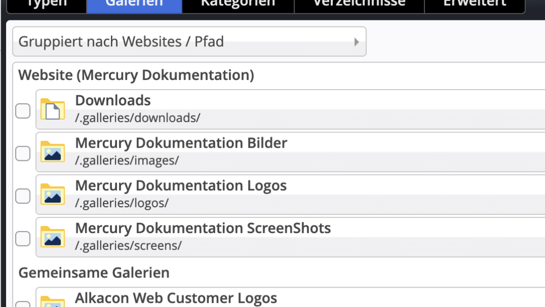 Gruppierung von Galerien nach Website