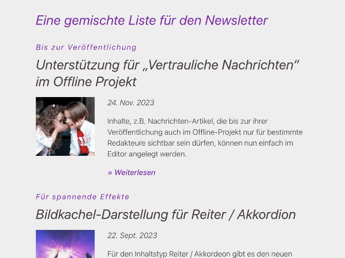 Newsletter Liste mit Bilddarstellung unter der Überschrift, links vom Text