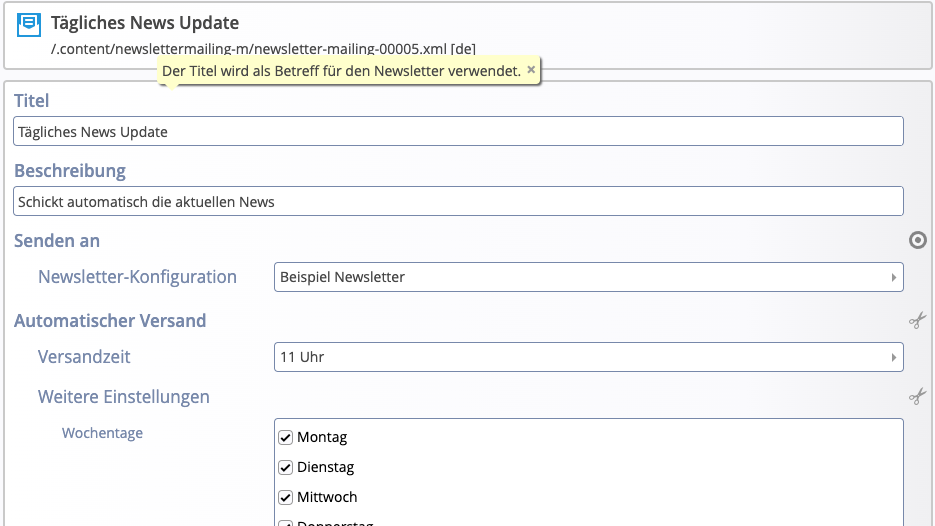 Newsletter: Konfiguration des automatischen Versands