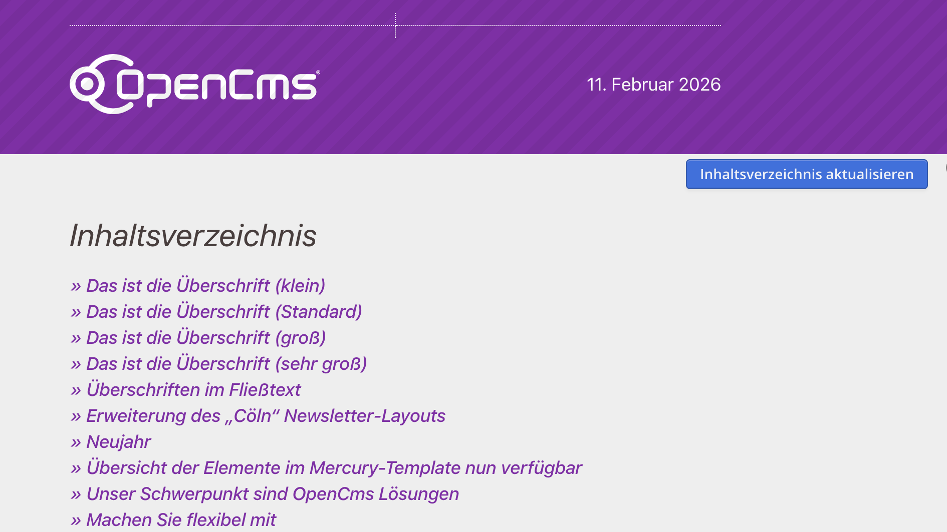 Inhaltsverzeichnis für Newsletter