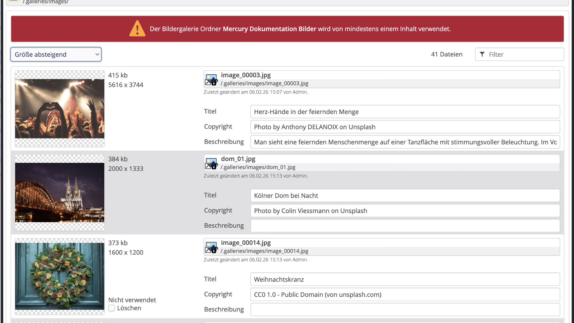 Galerie optimieren: Sortierung nach Größe