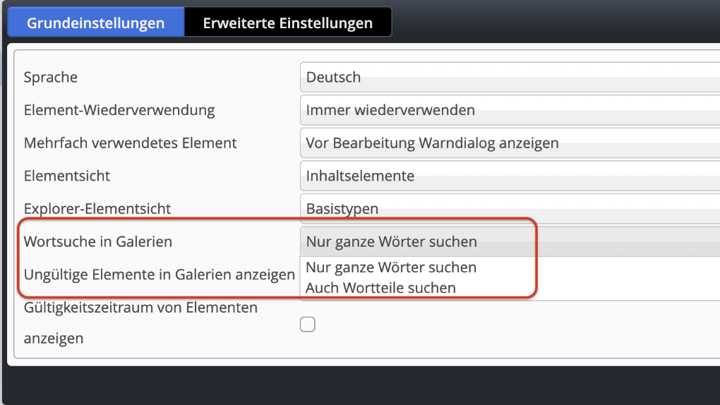 Benutzereinstellung für die Galeriesuche