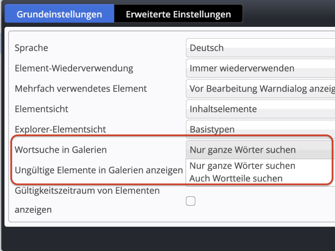 Benutzereinstellung für die Galeriesuche